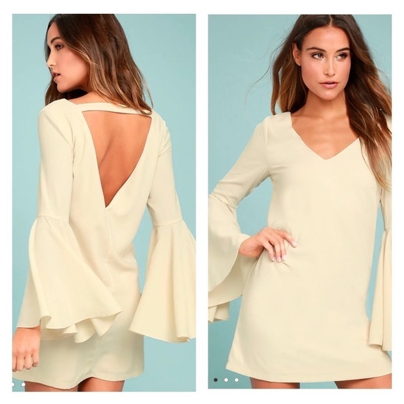 LULU'S Groove On Light Beige Bell Sleeve Open Back Mini Shift Dress Small - Picture 1 of 10